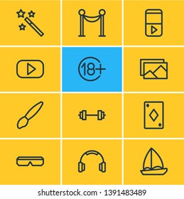 Vector illustration of 12 leisure icons line style. Editable set of barrier, playing card, video and other icon elements.