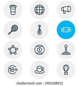Vector illustration of 12 leisure icons line style. Editable set of bullhorn, coffee to go, tennis and other icon elements.