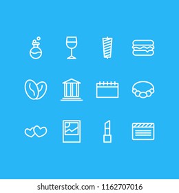 Vector illustration of 12 lifestyle icons line style. Editable set of lipstick, heart, burger and other icon elements.