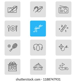Vector illustration of 12 lifestyle icons line style. Editable set of stitching, cirque, healthy food and other icon elements.