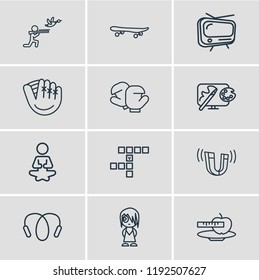 Vector illustration of 12 lifestyle icons line style. Editable set of jumping rope, hunting, physics and other icon elements.