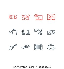 Vector illustration of 12 lifestyle icons line style. Editable set of photography, singing, chess and other icon elements.