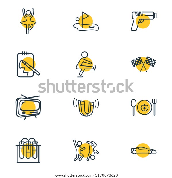Vector\
illustration of 12 lifestyle icons line style. Editable set of\
skating, chemistry, tv and other icon\
elements.