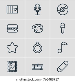 Vector Illustration Of 12 Lifestyle Outline Icons. Editable Set Of Skateboard, Microphone, Favorite And Other Elements.