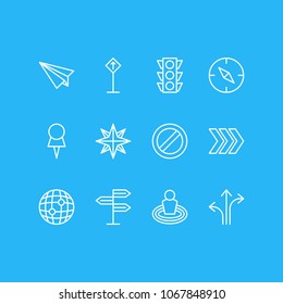 Vector illustration of 12 location icons line style. Editable set of check-in, no entry, orientation and other icon elements.