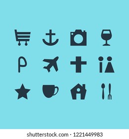 Vector illustration of 12 location icons. Editable set of restroom, cafe, harbor and other icon elements.