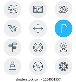 Vector illustration of 12 location icons line style. Editable set of globe, no entry, cone and other icon elements.