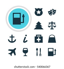 Vector Illustration Of 12 Location Icons. Editable Pack Of Anchor, Masks, Refueling And Other Elements.