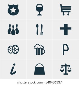 Vector Illustration Of 12 Location Icons. Editable Pack Of Cross, Map Information, Skittles And Other Elements.