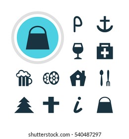 Vector Illustration Of 12 Location Icons. Editable Pack Of Cafe, Wineglass, Cross And Other Elements.