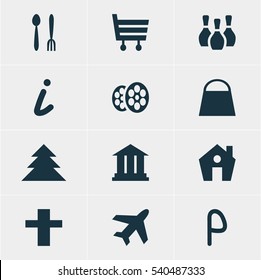 Vector Illustration Of 12 Location Icons. Editable Pack Of Cafe, Jungle, Film And Other Elements.