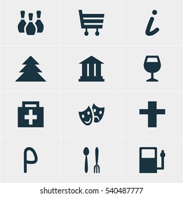 Vector Illustration Of 12 Location Icons. Editable Pack Of Skittles, Car Park, University And Other Elements.