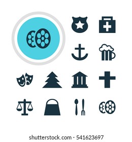 Vector Illustration Of 12 Location Icons. Editable Pack Of Film, Scales, Beer Mug And Other Elements.