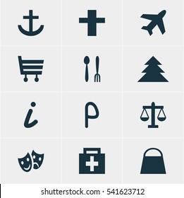 Vector Illustration Of 12 Location Icons. Editable Pack Of Drugstore, Cross, Aircraft And Other Elements.