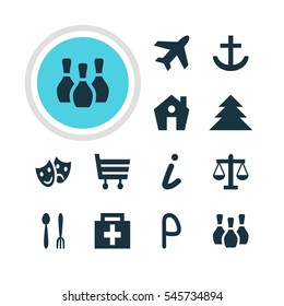 Vector Illustration Of 12 Location Icons. Editable Pack Of Masks, Drugstore, Cafe And Other Elements.