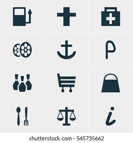 Vector Illustration Of 12 Location Icons. Editable Pack Of Skittles, Handbag, Film Elements.