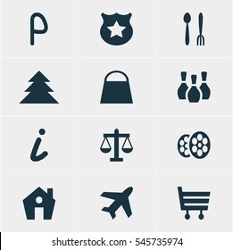 Vector Illustration Of 12 Location Icons. Editable Pack Of Shopping Cart, Film, Scales And Other Elements.