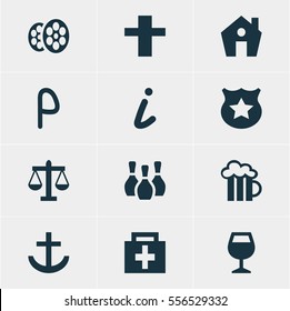 Vector Illustration Of 12 Location Icons. Editable Pack Of Film, Cop, Drugstore And Other Elements.