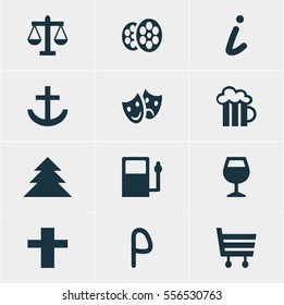 Vector Illustration Of 12 Location Icons. Editable Pack Of Scales, Map Information, Car Park And Other Elements.