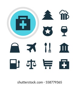 Vector Illustration Of 12 Location Icons. Editable Pack Of Scales, Cafe, University And Other Elements.
