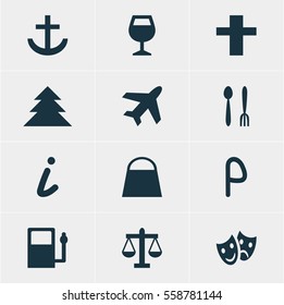 Vector Illustration Of 12 Location Icons. Editable Pack Of Scales, Handbag, Cross Elements.