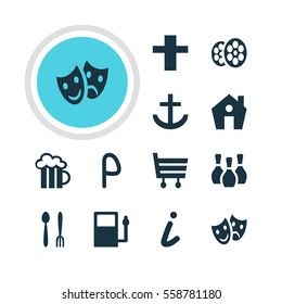 Vector Illustration Of 12 Location Icons. Editable Pack Of Shopping Cart, Anchor, Skittles And Other Elements.