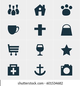 Vector Illustration Of 12 Location Icons. Editable Pack Of Handbag, Shopping Cart, Home Elements.