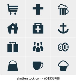 Vector Illustration Of 12 Location Icons. Editable Pack Of Home, Anchor, Beer Mug And Other Elements.