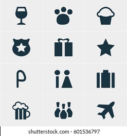 Vector Illustration Of 12 Location Icons. Editable Pack Of Briefcase, Skittles, Aircraft And Other Elements.