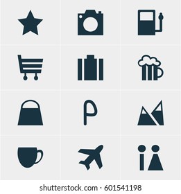 Vector Illustration Of 12 Location Icons. Editable Pack Of Beer Mug, Shopping Cart, Landscape Elements.