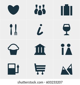 Vector Illustration Of 12 Location Icons. Editable Pack Of Skittles, Refueling, University And Other Elements.