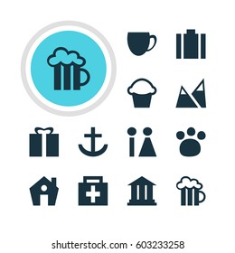 Vector Illustration Of 12 Location Icons. Editable Pack Of University, Beer Mug, Toilet And Other Elements.