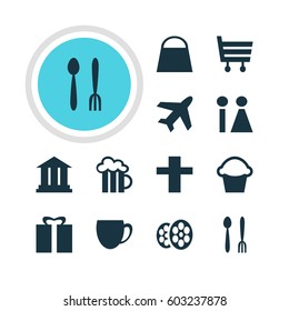 Vector Illustration Of 12 Location Icons. Editable Pack Of Coffee Shop, Beer Mug, Cafe And Other Elements.