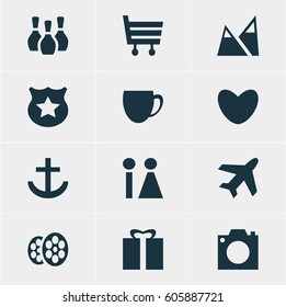 Vector Illustration Of 12 Location Icons. Editable Pack Of Cop , Toilet, Landscape Elements.