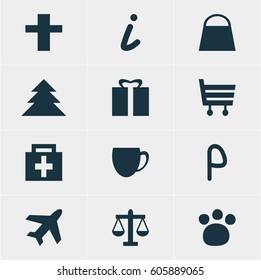 Vector Illustration Of 12 Location Icons. Editable Pack Of Aircraft, Drugstore, Pet Shop And Other Elements.