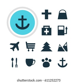 Vector Illustration Of 12 Location Icons. Editable Pack Of Cafe , Anchor, Landscape Elements.