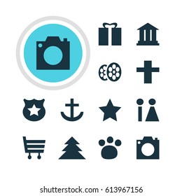 Vector Illustration Of 12 Location Icons. Editable Pack Of Photo Device, Film, Shopping Cart And Other Elements.