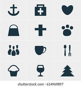 Vector Illustration Of 12 Location Icons. Editable Pack Of Heart, Coffee Shop, Wineglass And Other Elements.