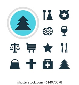 Vector Illustration Of 12 Location Icons. Editable Pack Of Film, Cop, Drugstore And Other Elements.