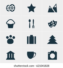 Vector Illustration Of 12 Location Icons. Editable Pack Of University, Cake, Masks And Other Elements.