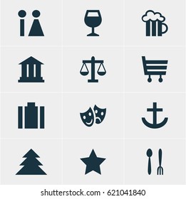 Vector Illustration Of 12 Location Icons. Editable Pack Of Wineglass, Masks, Shopping Cart And Other Elements.