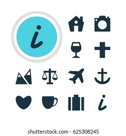 Vector Illustration Of 12 Location Icons. Editable Pack Of Briefcase, Scales, Wineglass And Other Elements.