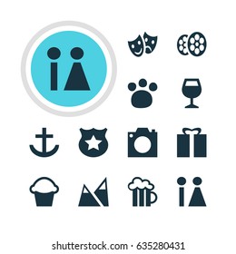 Vector Illustration Of 12 Location Icons. Editable Pack Of Wineglass, Landscape, Film Elements.