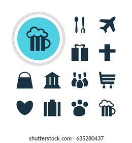 Vector Illustration Of 12 Location Icons. Editable Pack Of Handbag, University, Cafe Elements.