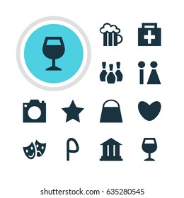 Vector Illustration Of 12 Location Icons. Editable Pack Of Drugstore, Masks, Car Park And Other Elements.