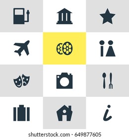Vector Illustration Of 12 Location Icons. Editable Pack Of Refueling, Home, Aircraft And Other Elements.