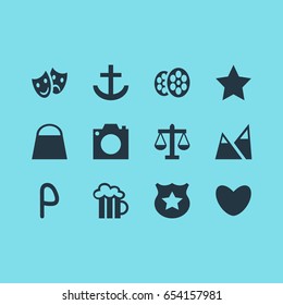 Vector Illustration Of 12 Location Icons. Editable Pack Of Landscape, Cop , Car Park Elements.
