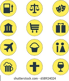 Vector Illustration Of 12 Location Icons. Editable Pack Of Masks, University, Shopping Cart And Other Elements.