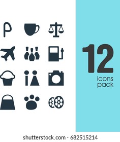 Vector Illustration Of 12 Location Icons. Editable Pack Of Photo Device, Cake, Handbag Elements.