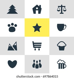 Vector Illustration Of 12 Location Icons. Editable Pack Of Skittles, Cake, Beer Mug And Other Elements.